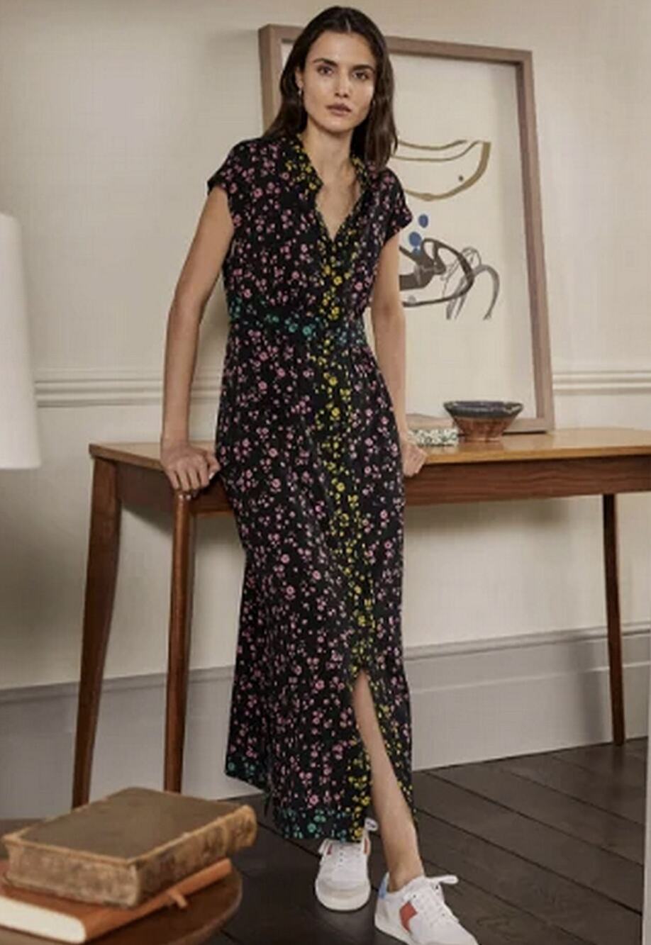 Boden Tessa Sleeveless Midi Shirt Dress in Black & Azalea Spring Floral